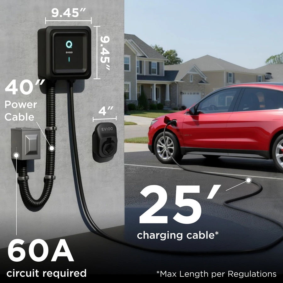Borne de recharge EV EVIQO Niveau 2, 48A (50A max), 240V, câblée, J1772 pour VE non-Tesla