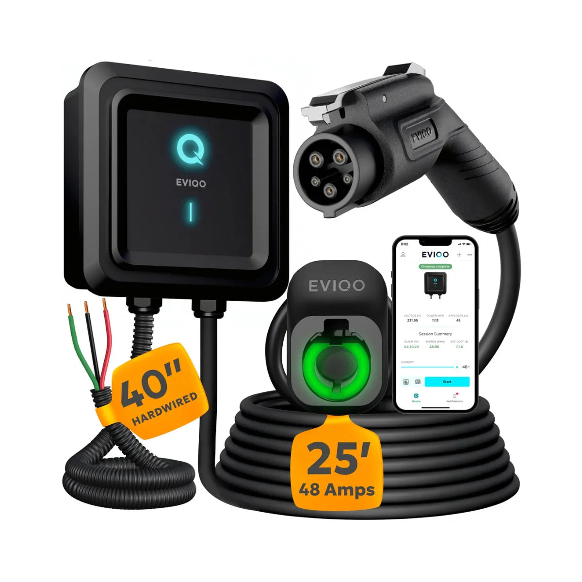 Borne de recharge EV EVIQO Niveau 2, 48A (50A max), 240V, câblée, J1772 pour VE non-Tesla