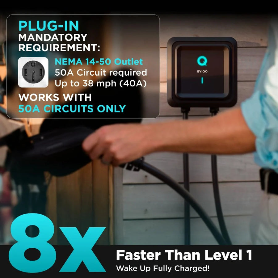 Chargeur EV EVIQO NACS de niveau 2, 40 A (9,6 kW), 240 V, prise NEMA 14-50, pour véhicules électriques Tesla